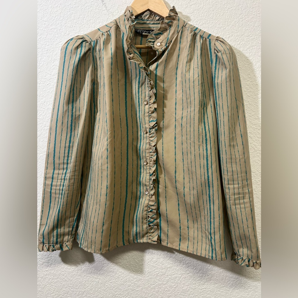 Vintage 1980s Ruffle Neck Tan Striped Blouse L